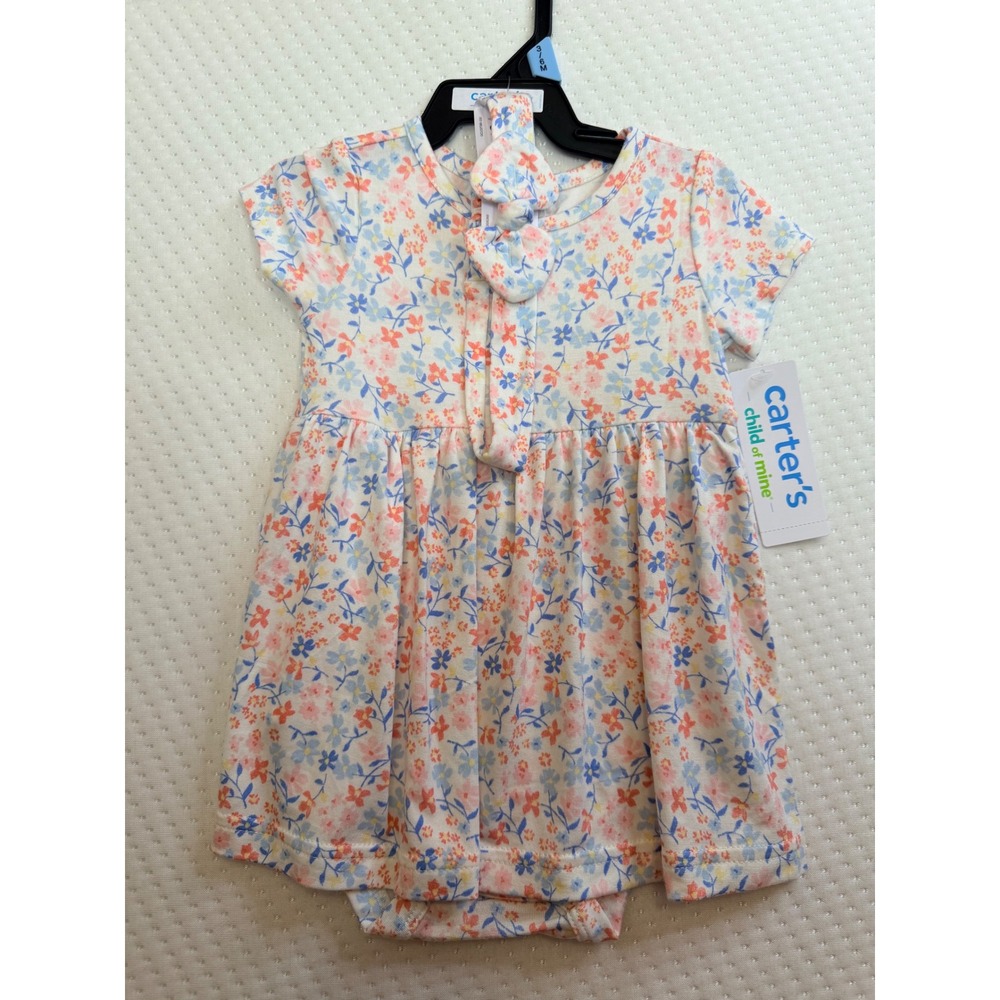 Carter's Child of Mine Baby Girl Floral Dress Bodysuit and Headband Set 3-6M